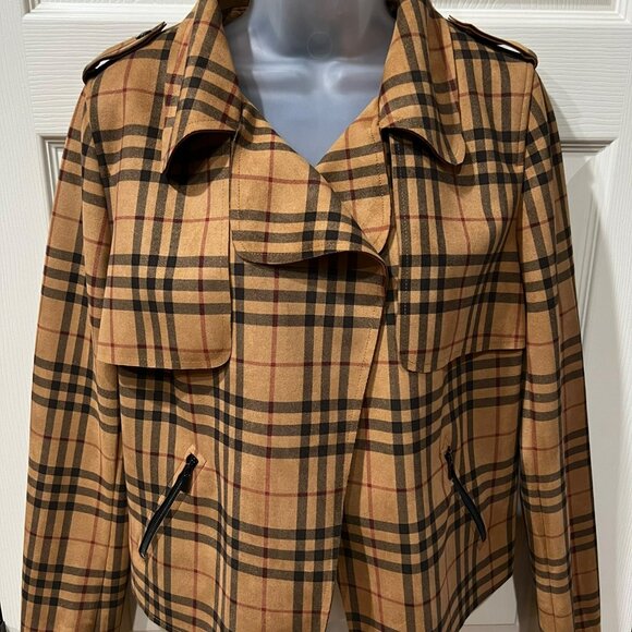 Kut From The Kloth Jace Moto Jacket Womens Medium Tan Plaid Asymmetrical Zip Fro - Picture 6 of 8